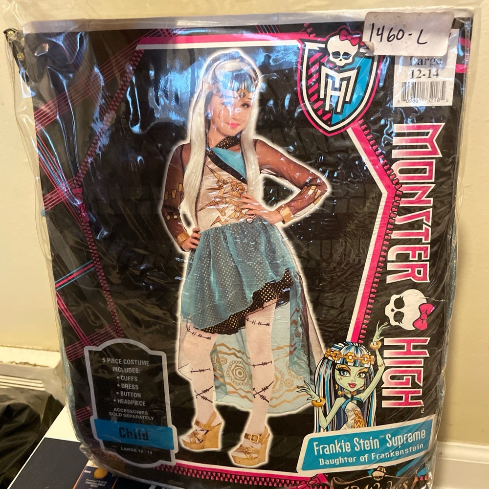 Monster High Frankie Stein Costume - Black, Blue, White, Gold, 4 pcs only girl L